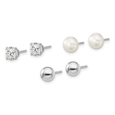 Sterling Silver Rhodium-plated 6-7mm White Button Freshwater Cultured Pearl, CZ and Stud Earrings Set